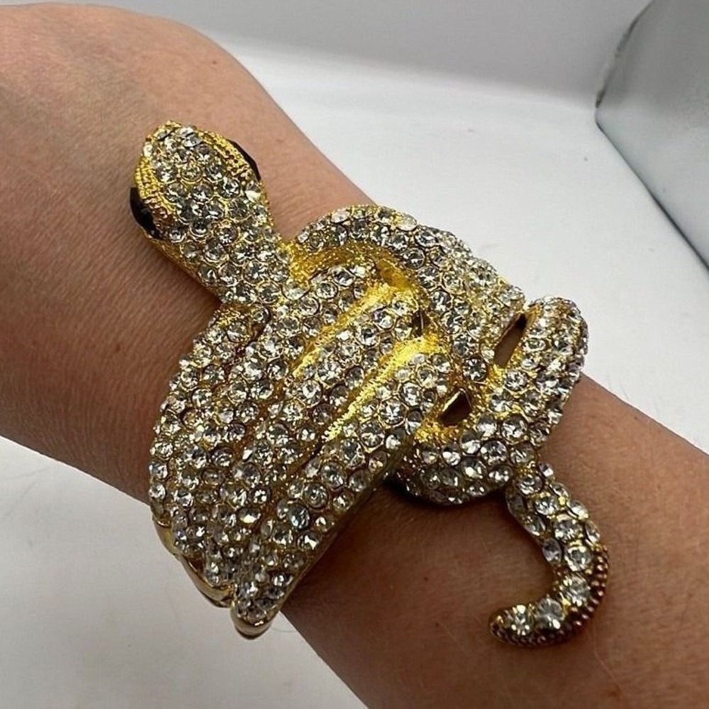 Rhinestone‎ Snake Bracelet Serpent Cuff Mob Wife Glam Gold Tone Crystal Size 7
